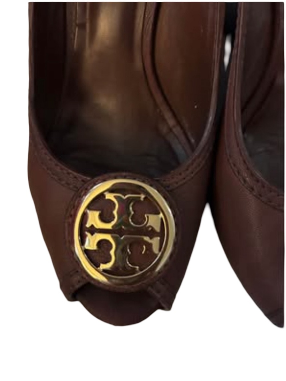Tory Burch Dark Brown Leather Peep-Toe wedge heel with Gold Logo Medallion